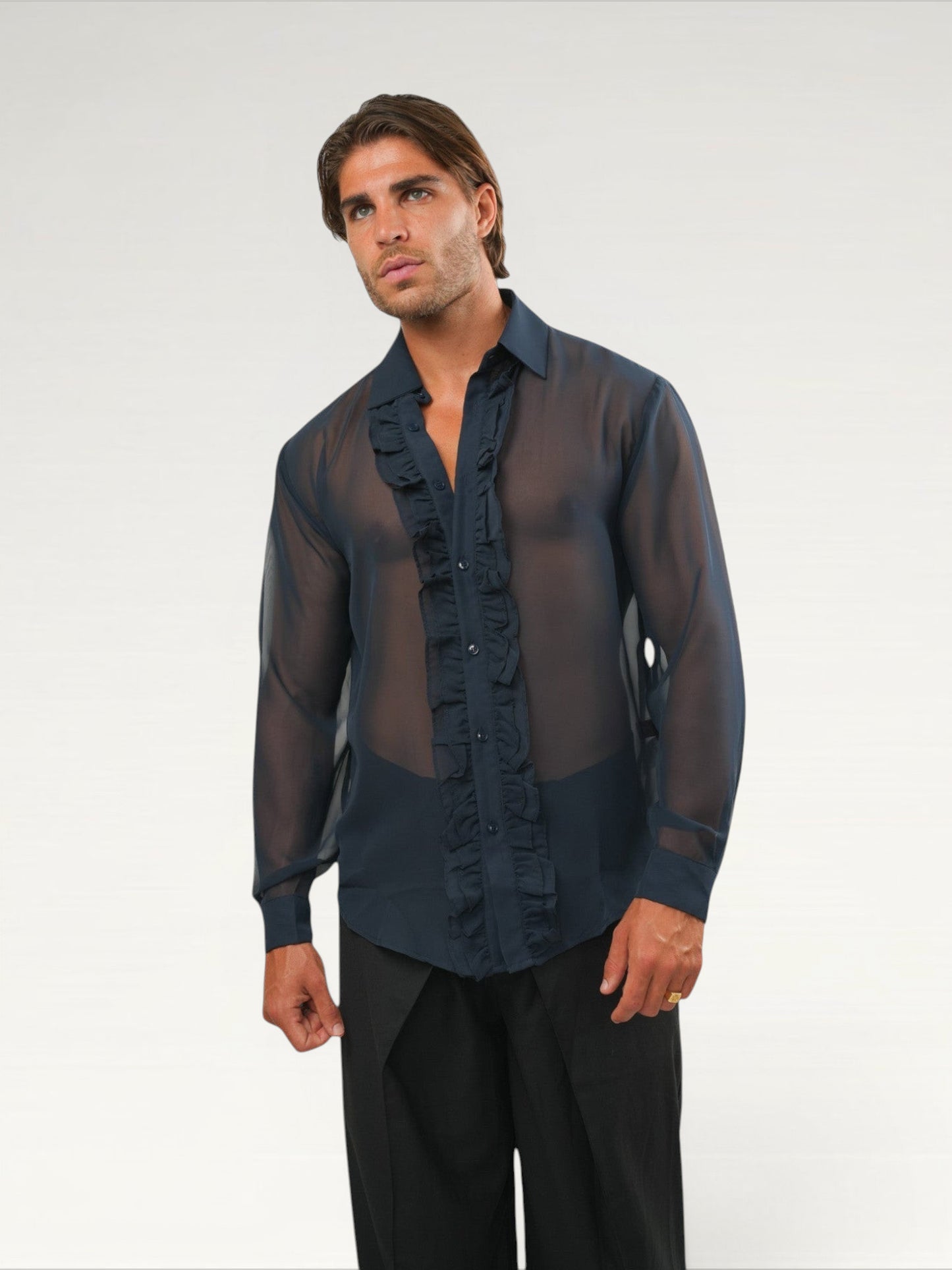 Sheer Ruffle Shirt - Navy Blue Ma boutique
