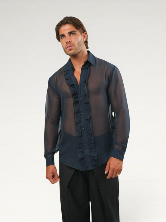 Sheer Ruffle Shirt - Navy Blue Ma boutique