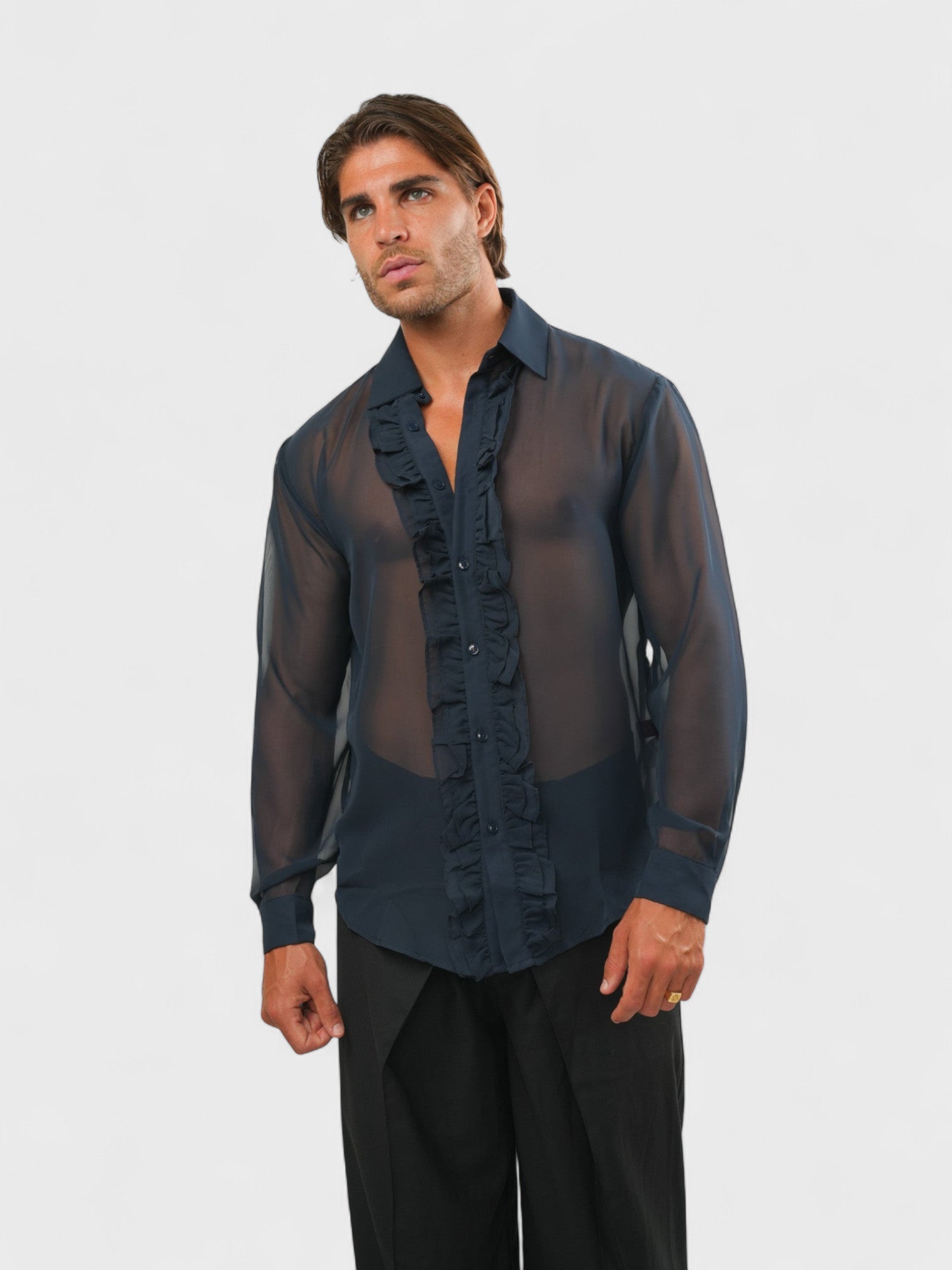 Sheer Ruffle Shirt - Navy Blue Ma boutique