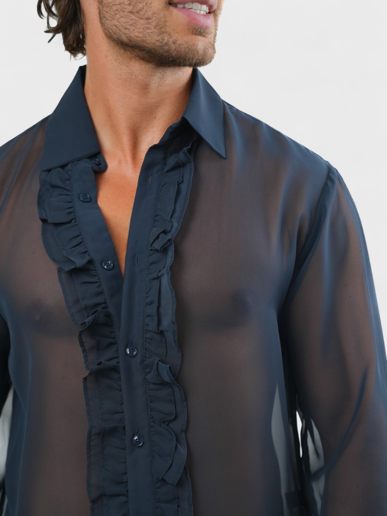 Sheer Ruffle Shirt - Navy Blue Ma boutique