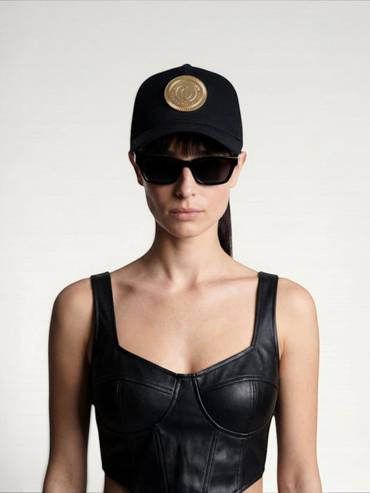 ILIMITO black cotton blend baseball cap with gold medallion emblem and curved brim