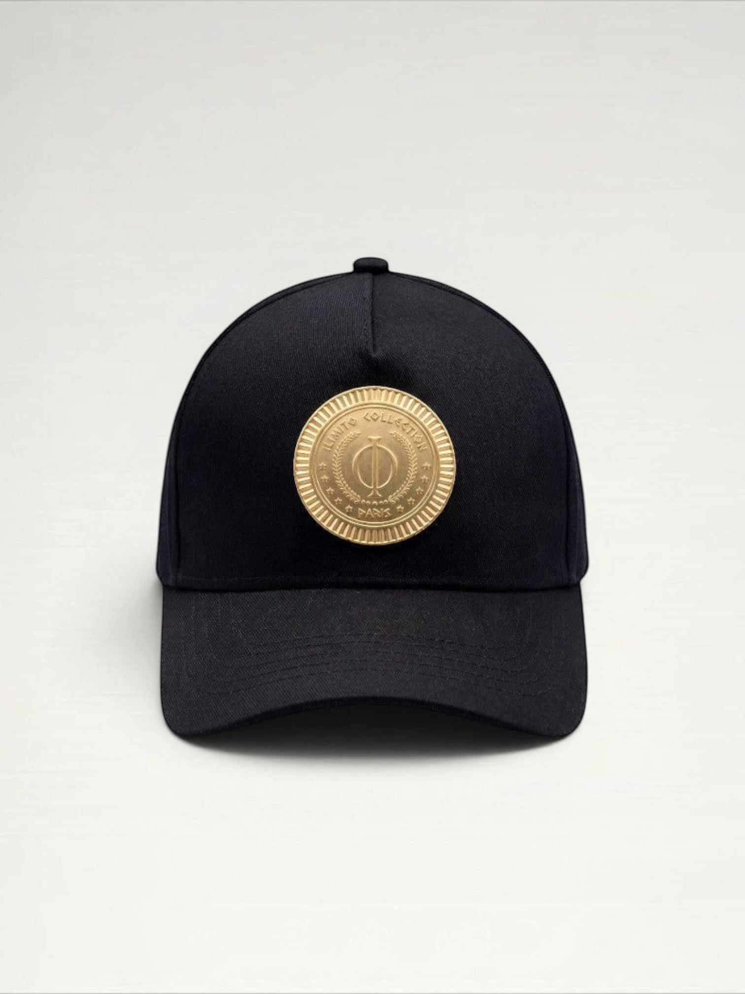 ILIMITO black cotton blend baseball cap with gold medallion emblem and adjustable strap