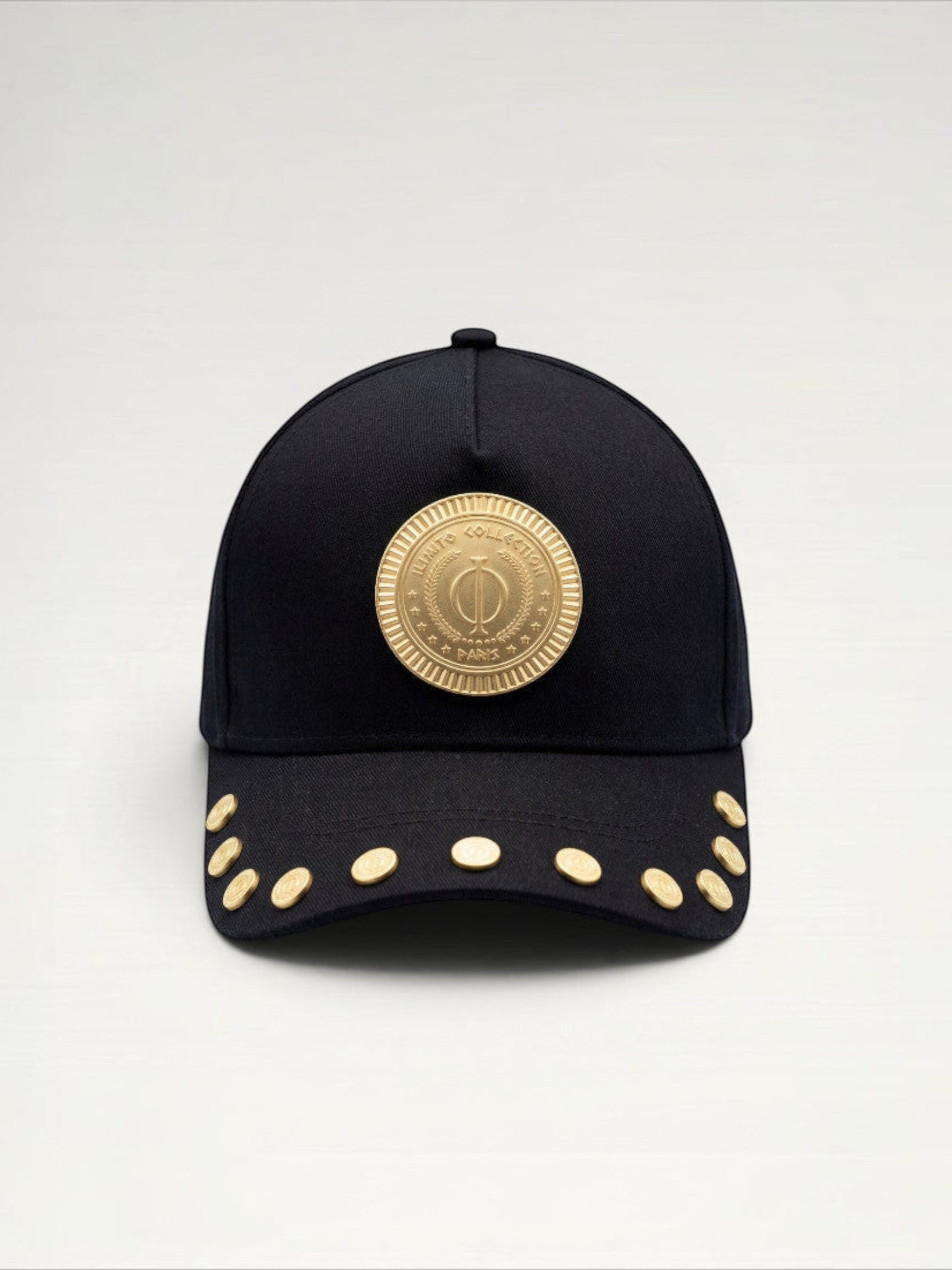 ILIMITO black cotton blend baseball cap with gold medallion emblem and gold medal accents on the visor.