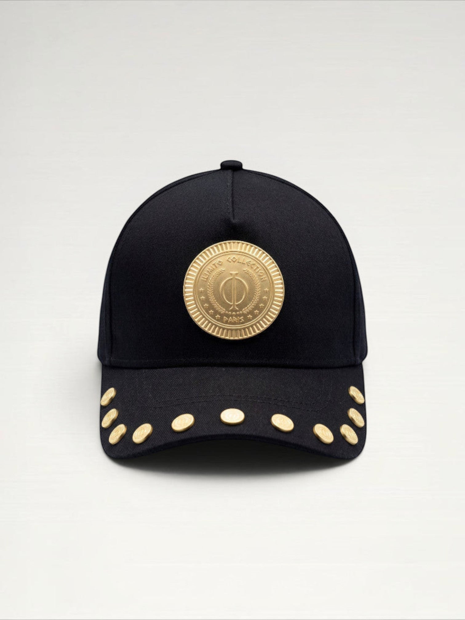 ILIMITO black cotton blend baseball cap with gold medallion emblem and gold medal accents on the visor.
