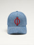 ILIMITO light wash denim baseball cap with red embroidered logo emblem, curved brim, adjustable strap. Unisex fit.