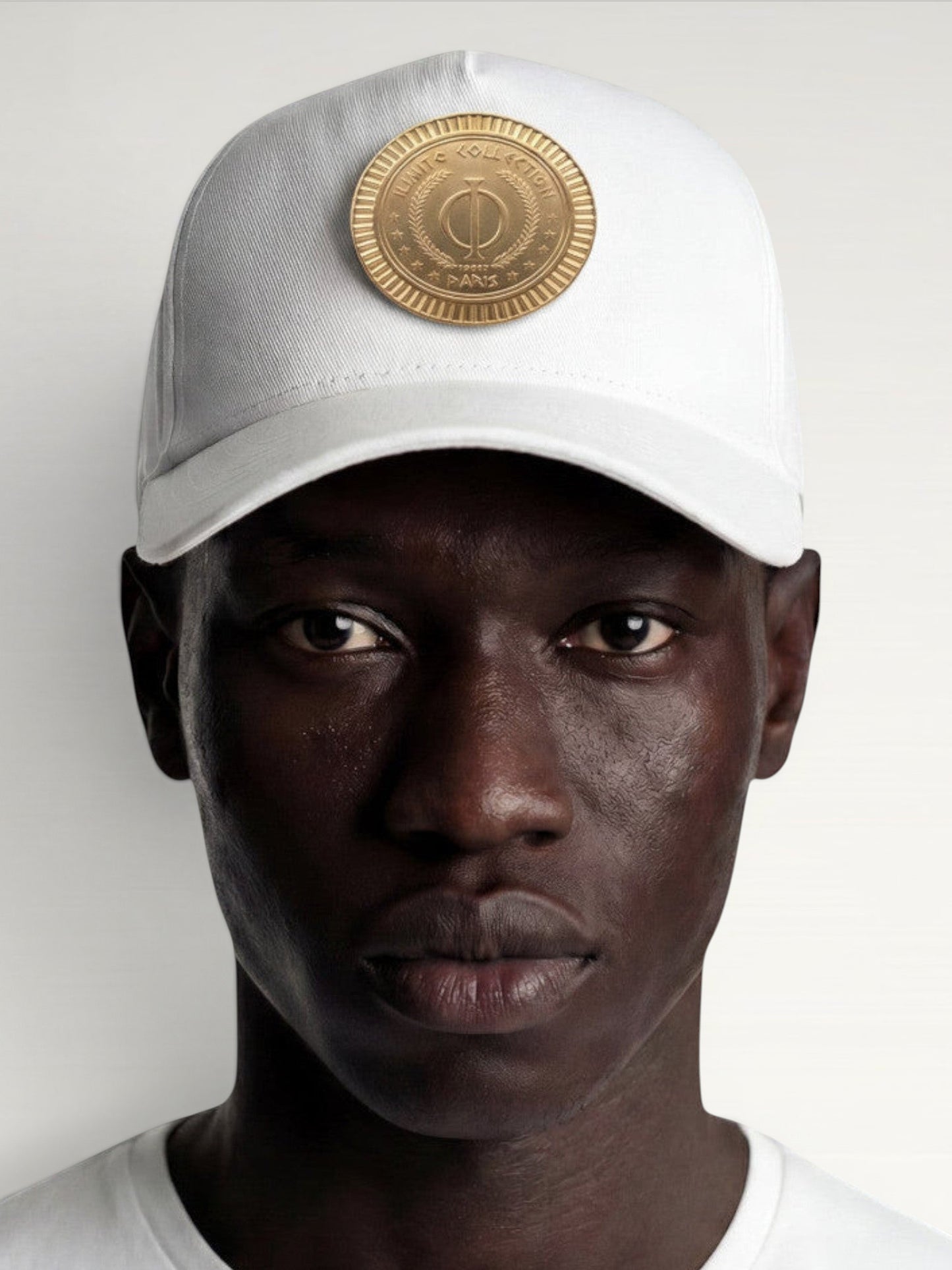 ILIMITO white cotton blend cap with gold medallion detail and accents on the visor. Unisex, adjustable fit