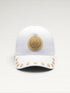 ILIMITO white cotton blend cap with gold medallion detail and accents on the visor. Unisex, adjustable fit