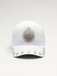 ILIMITO white cotton blend cap with silver medallion detail and accents on the visor. Unisex, adjustable fit.