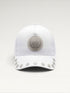 ILIMITO white cotton blend cap with silver medallion detail and accents on the visor. Unisex, adjustable fit.
