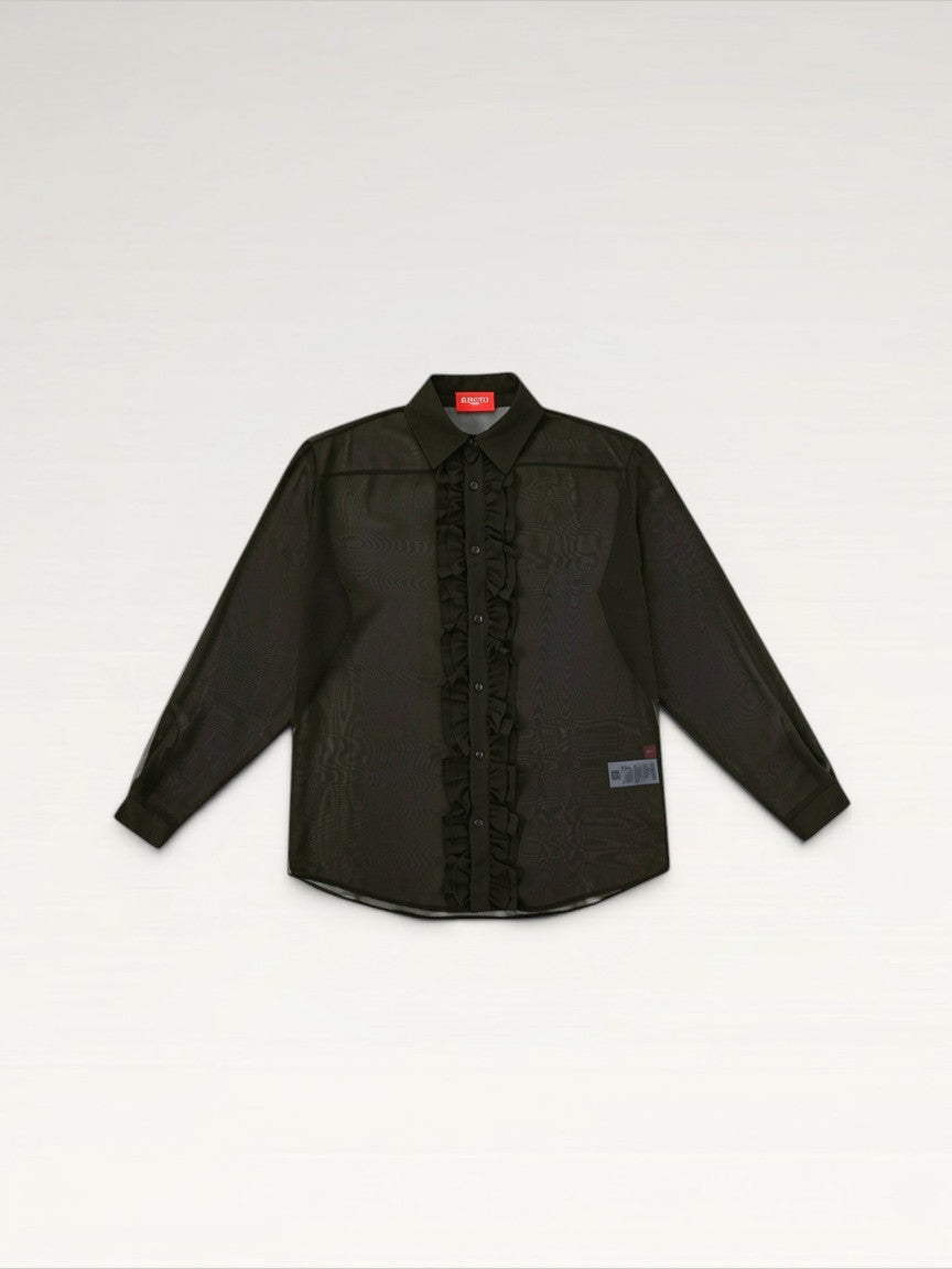 ILIMITO navy sheer voile shirt with ruffle placket, pointed collar, and long sleeves.