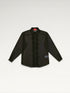 ILIMITO navy sheer voile shirt with ruffle placket, pointed collar, and long sleeves.