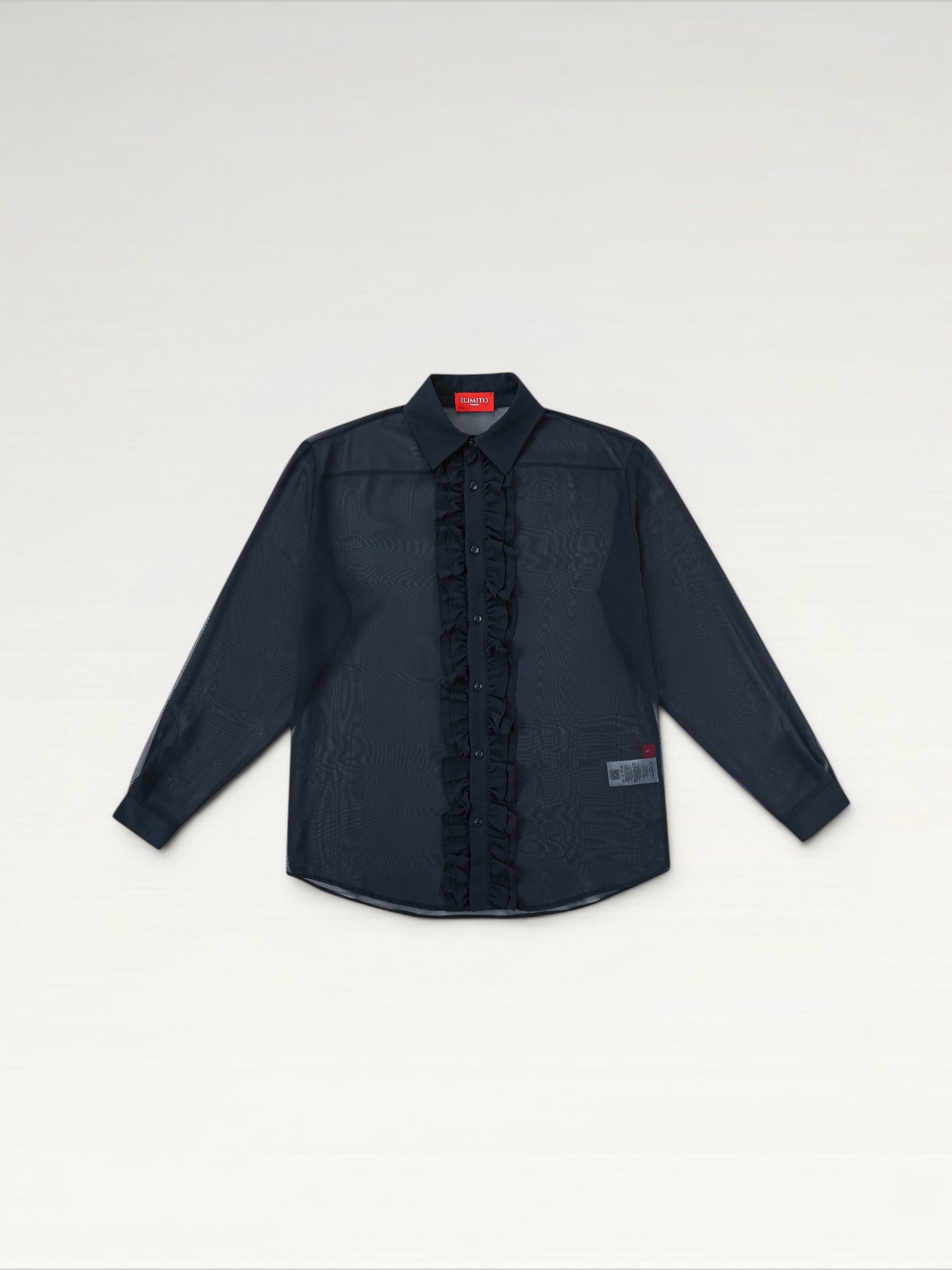 ILIMITO sheer navy blue long sleeve shirt with ruffle placket and pointed collar, lightweight voile construction.