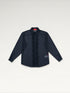 ILIMITO sheer navy blue long sleeve shirt with ruffle placket and pointed collar, lightweight voile construction.