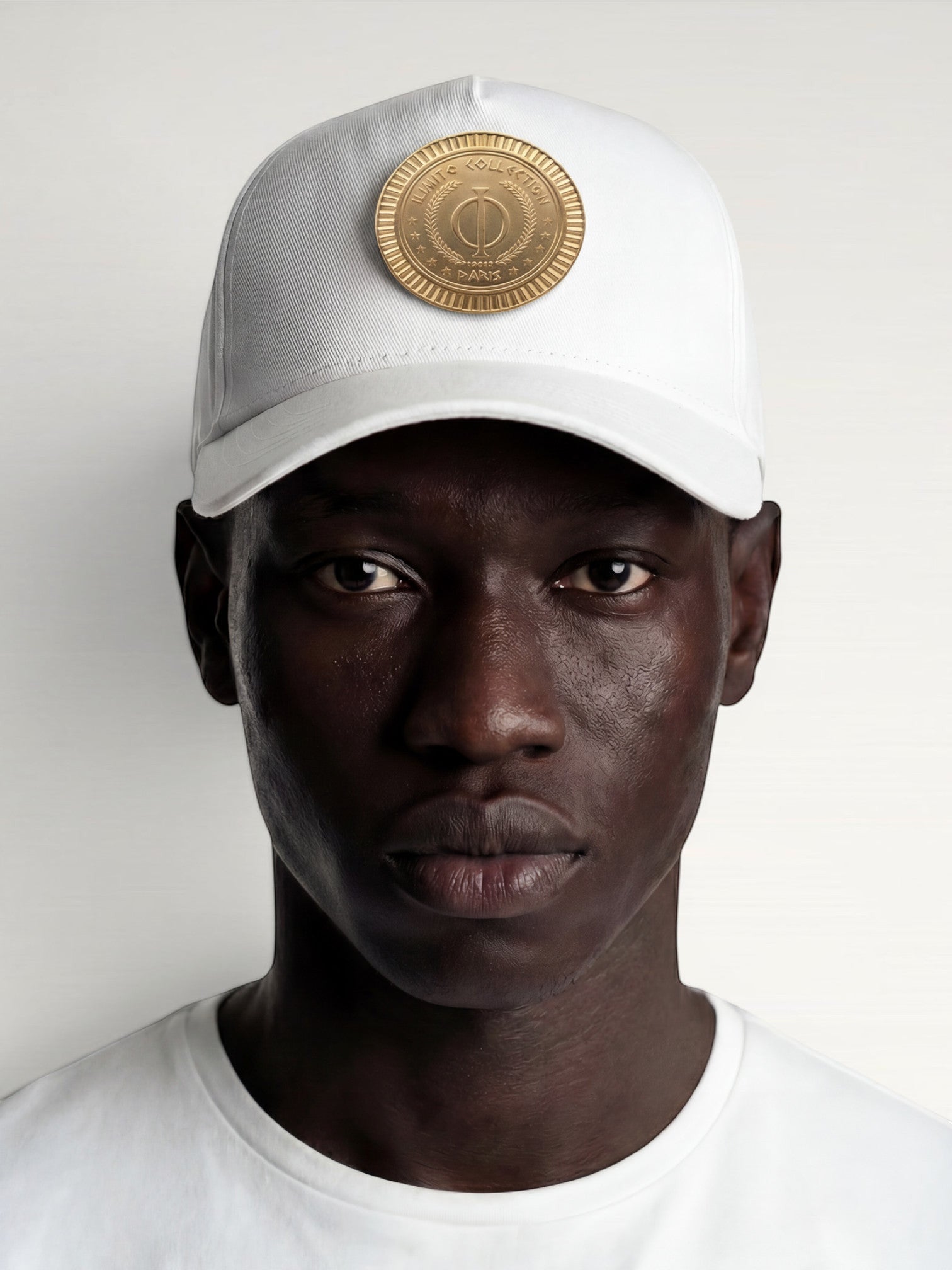 ILIMITO white cotton blend baseball cap with curved brim and gold medallion emblem. Unisex fit, adjustable closure.