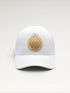 ILIMITO white cotton blend baseball cap with curved brim and gold medallion emblem on the front. Unisex fit.